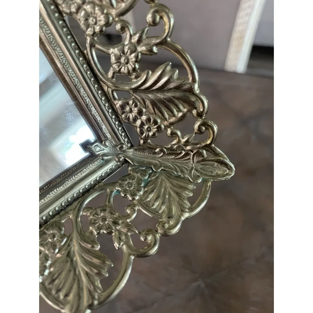 Vtg Mirrored Vanity Tray Gold Filigree Rectangle Hollywood Regency Dresser Decor